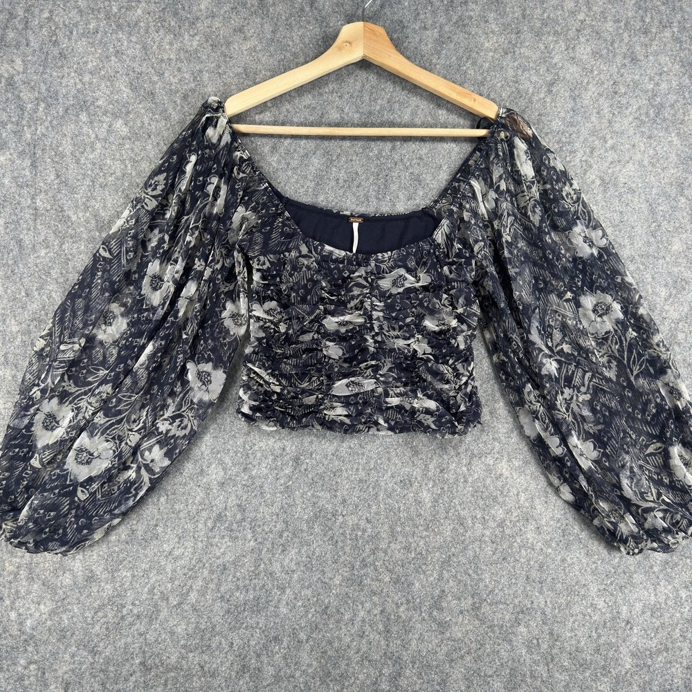 Free People Lilia Crop Top Blouse Womens Medium Blue Floral Balloon Sleeve Sheer